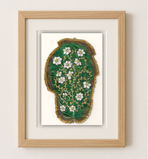 Fiddle Leaf Fig Painting – White Cosmos & Gold Floral Art