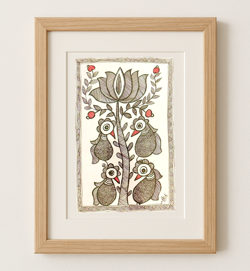 Madhubani Art - Birds and Lotus Tree | Original Pen on Paper