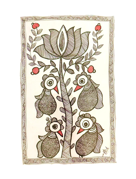 Madhubani Art - Birds and Lotus Tree | Original Pen on Paper