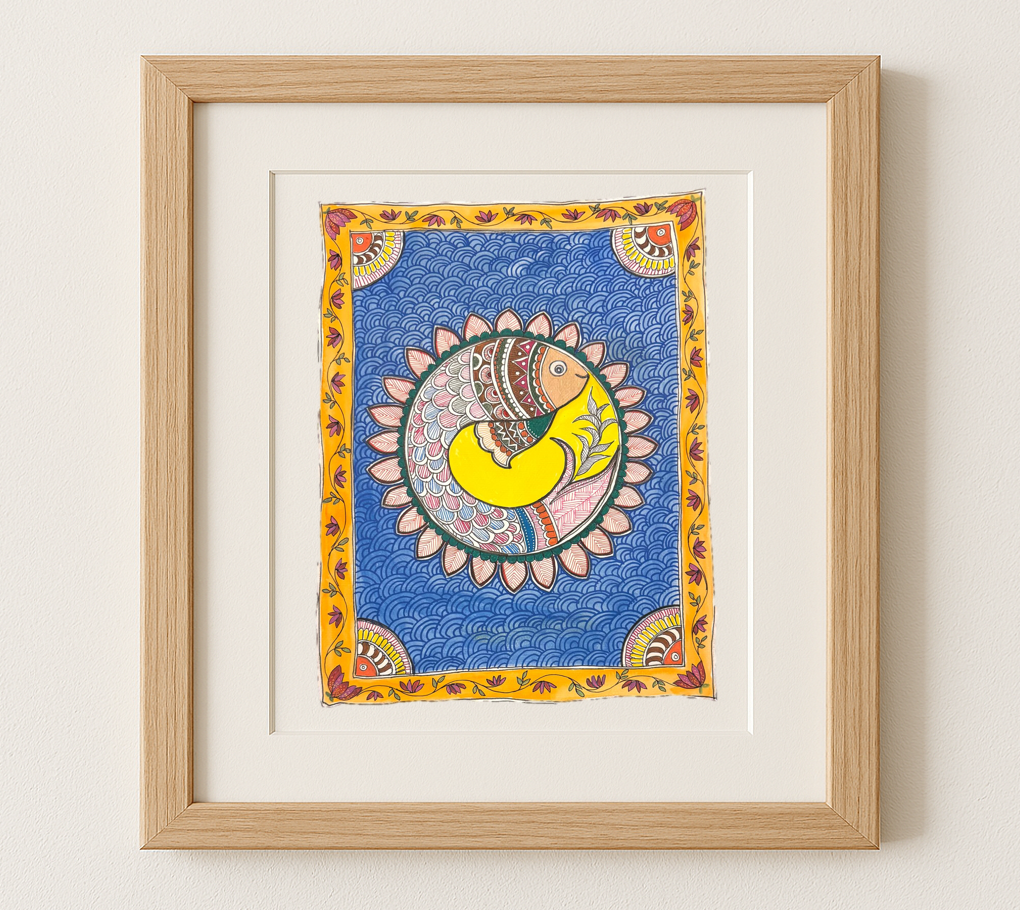 Madhubani Art - Sacred Fish Mandala | Original Painting on Paper