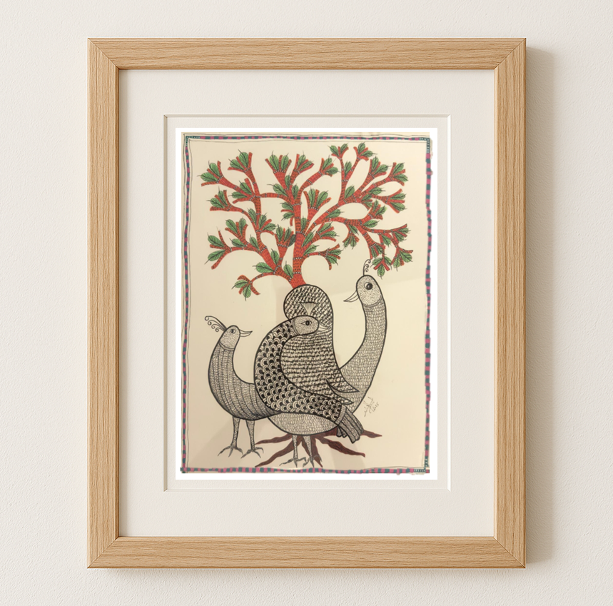 Gond Art - Three Birds Under a Coral Tree | Original Painting on Paper