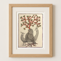 Gond Art - Three Birds Under a Coral Tree | Original Painting on Paper