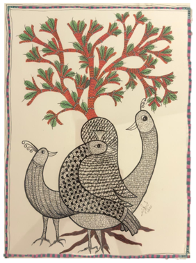 Gond Art - Three Birds Under a Coral Tree | Original Painting on Paper
