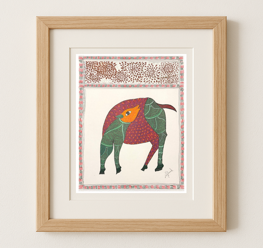 Gond Art - Sacred Cow with Bird | Original Painting on Paper