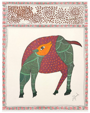 Gond Art - Sacred Cow with Bird | Original Painting on Paper