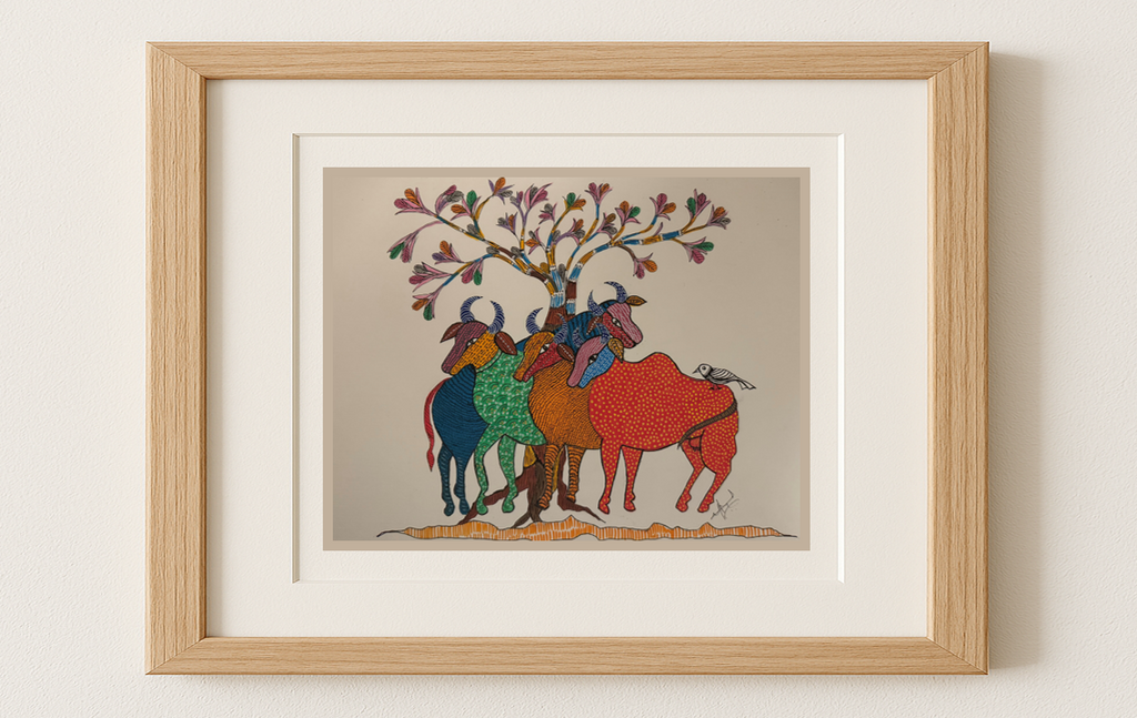 Gond Art - Four Cattle Under a Tree | Original Painting on Paper