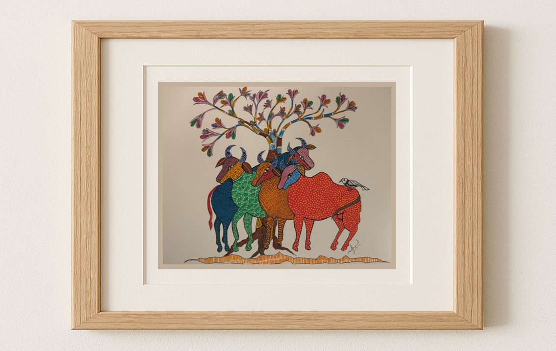Gond Art - Four Cattle Under a Tree | Original Painting on Paper