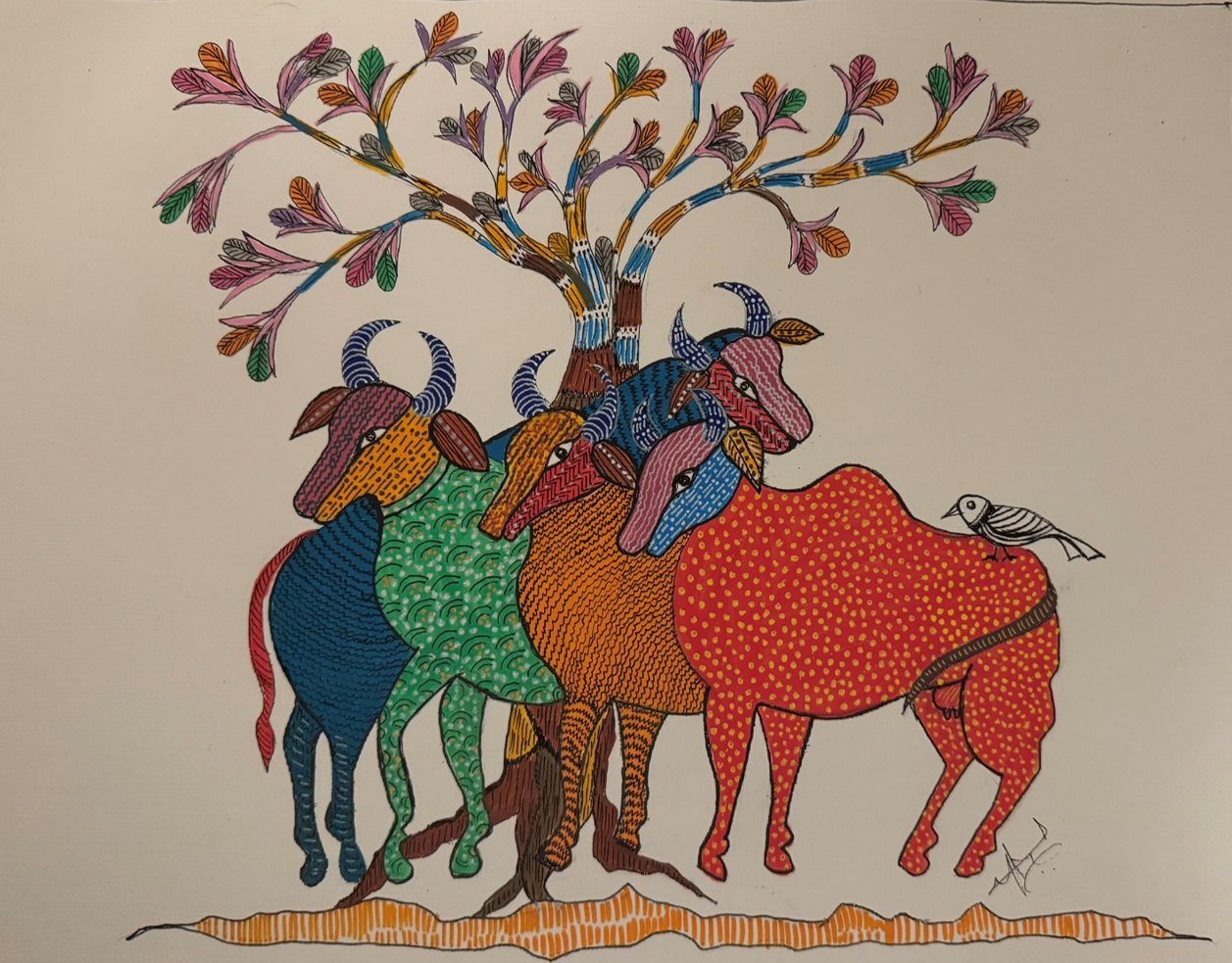 Gond Art - Four Cattle Under a Tree | Original Painting on Paper