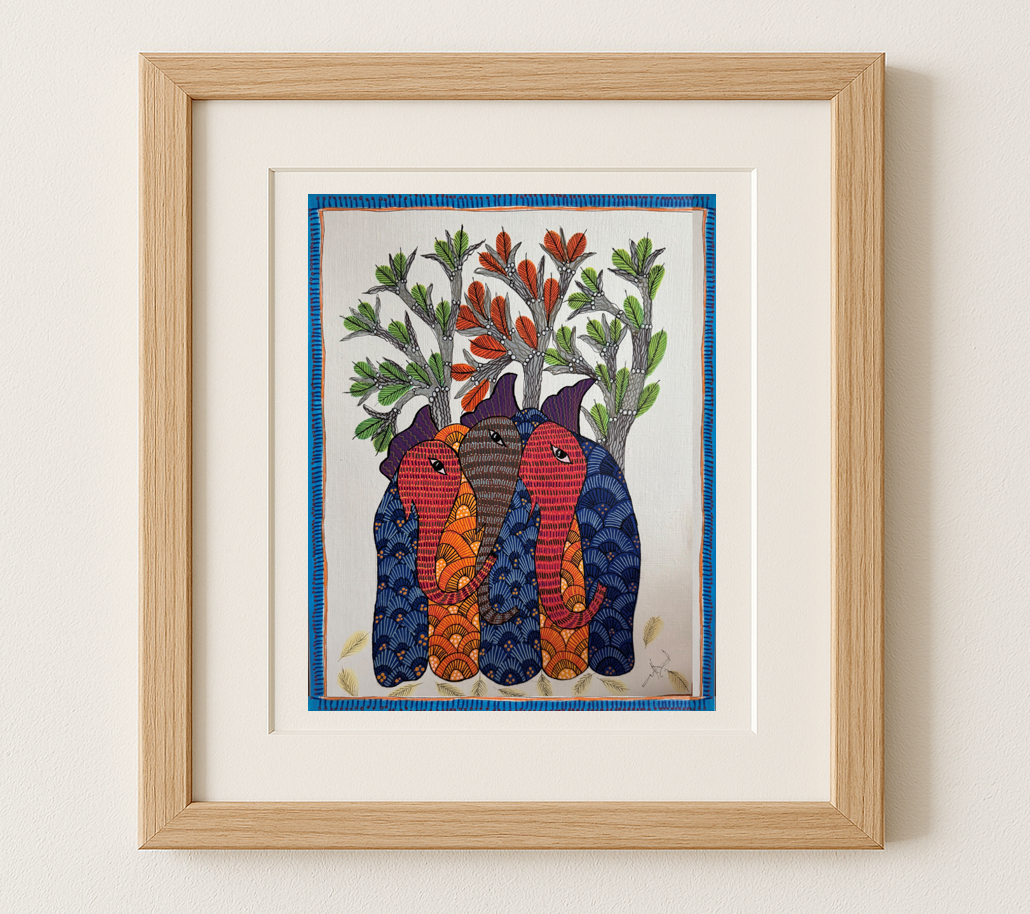 Gond Art - Three Elephants in the Forest | Original Painting on Paper