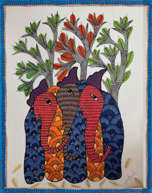 Gond Art - Three Elephants in the Forest | Original Painting on Paper