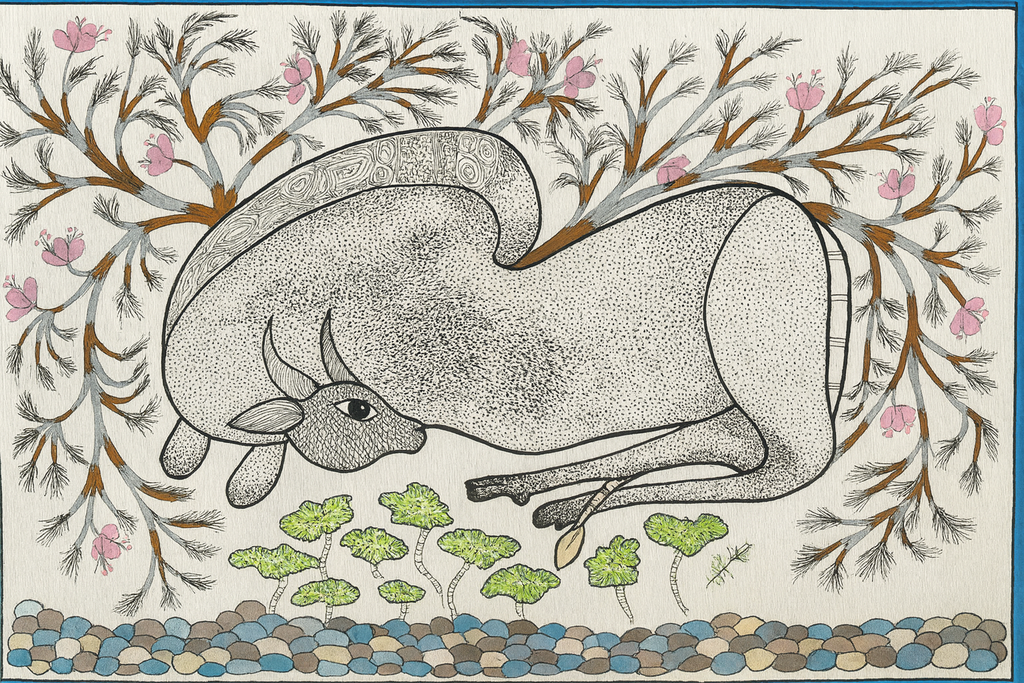 Resting Cow - Stipple Folk Art | Original Painting