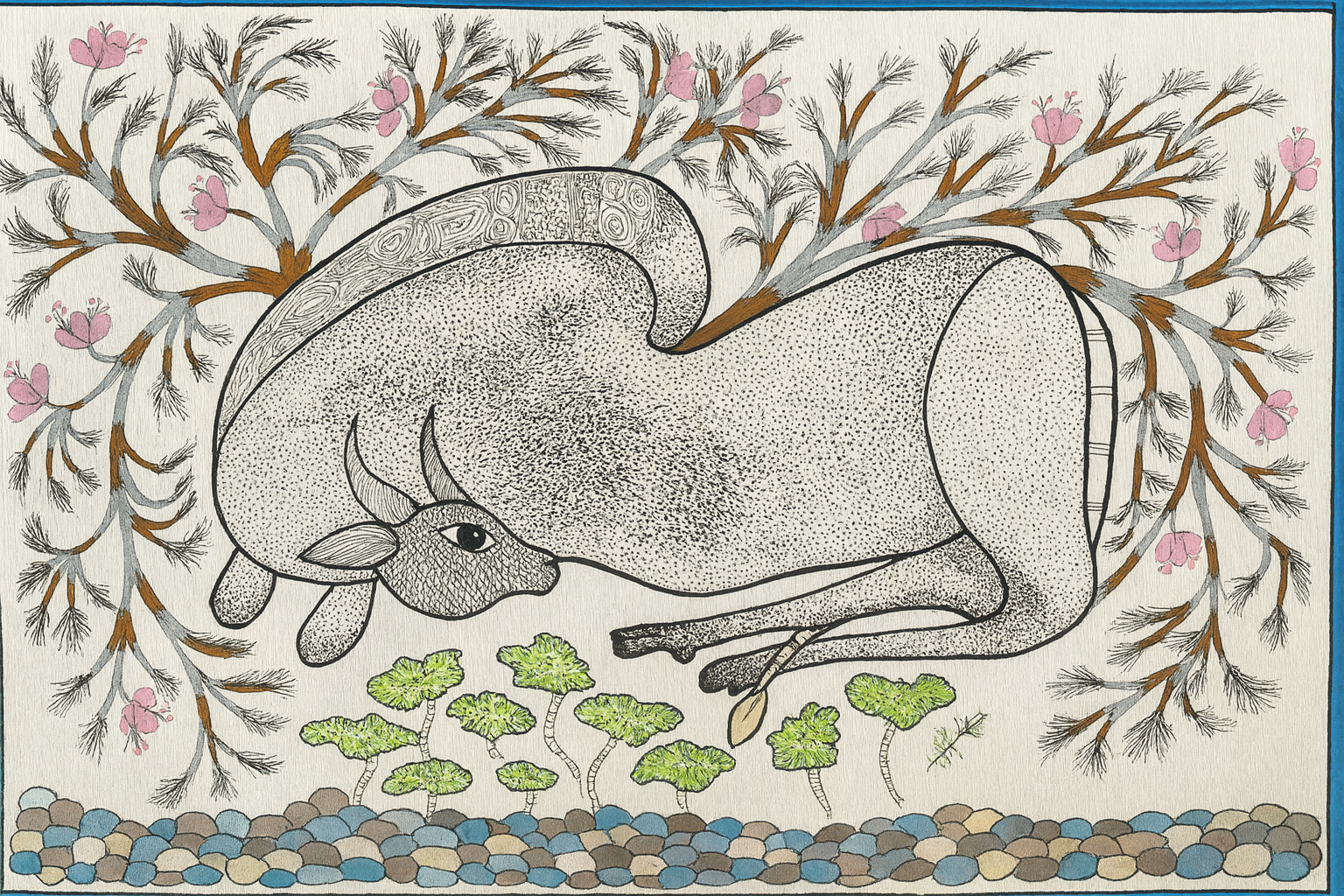 Resting Cow - Stipple Folk Art | Original Painting