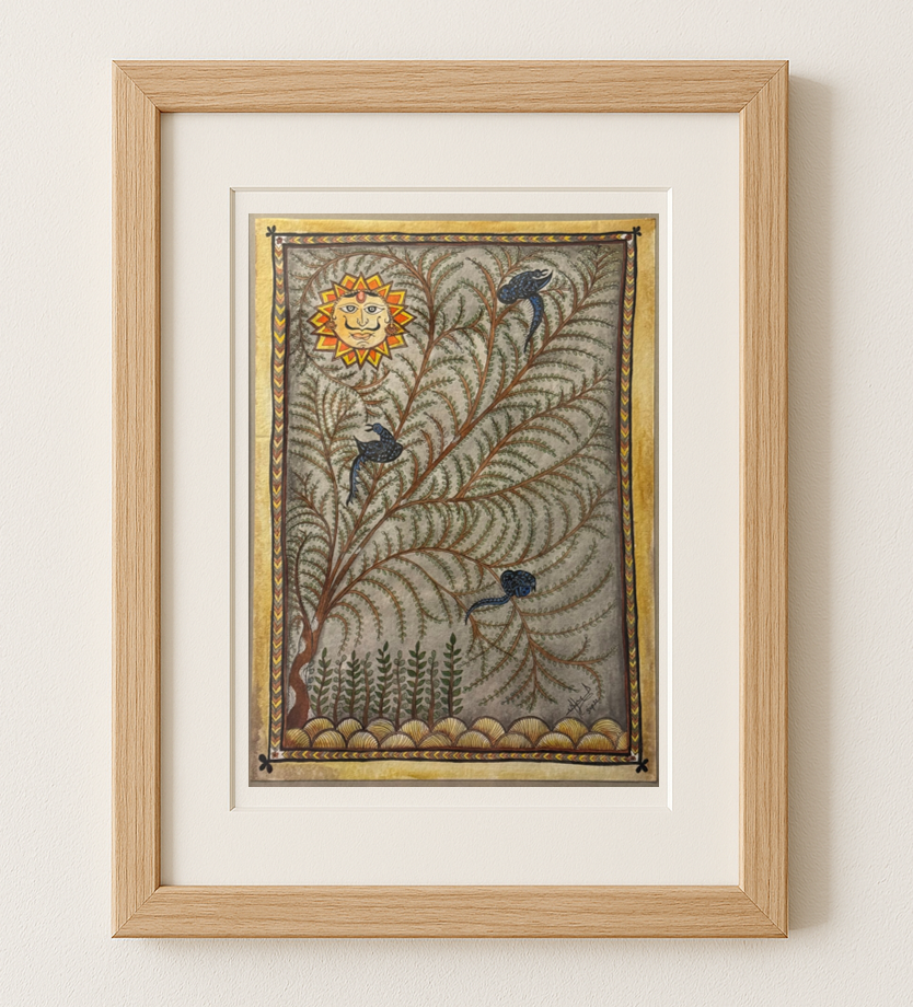 Peacock, Tree and Sun - Original Pen and Ink Painting
