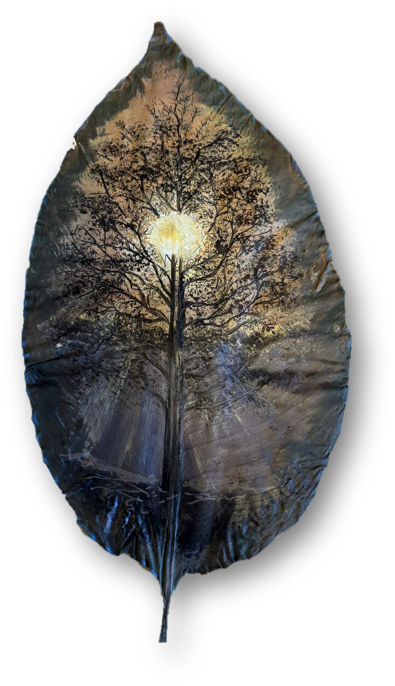 Tree Scape – Dry Pressed Peace Lily Leaf Art- Sunset behind the Trees