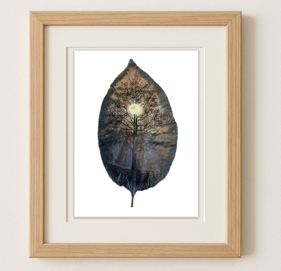 Tree Scape – Dry Pressed Peace Lily Leaf Art- Sunset behind the Trees
