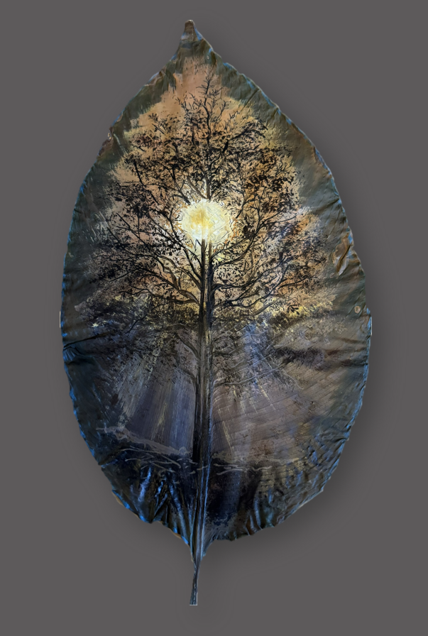 Tree Scape – Dry Pressed Peace Lily Leaf Art- Sunset behind the Trees