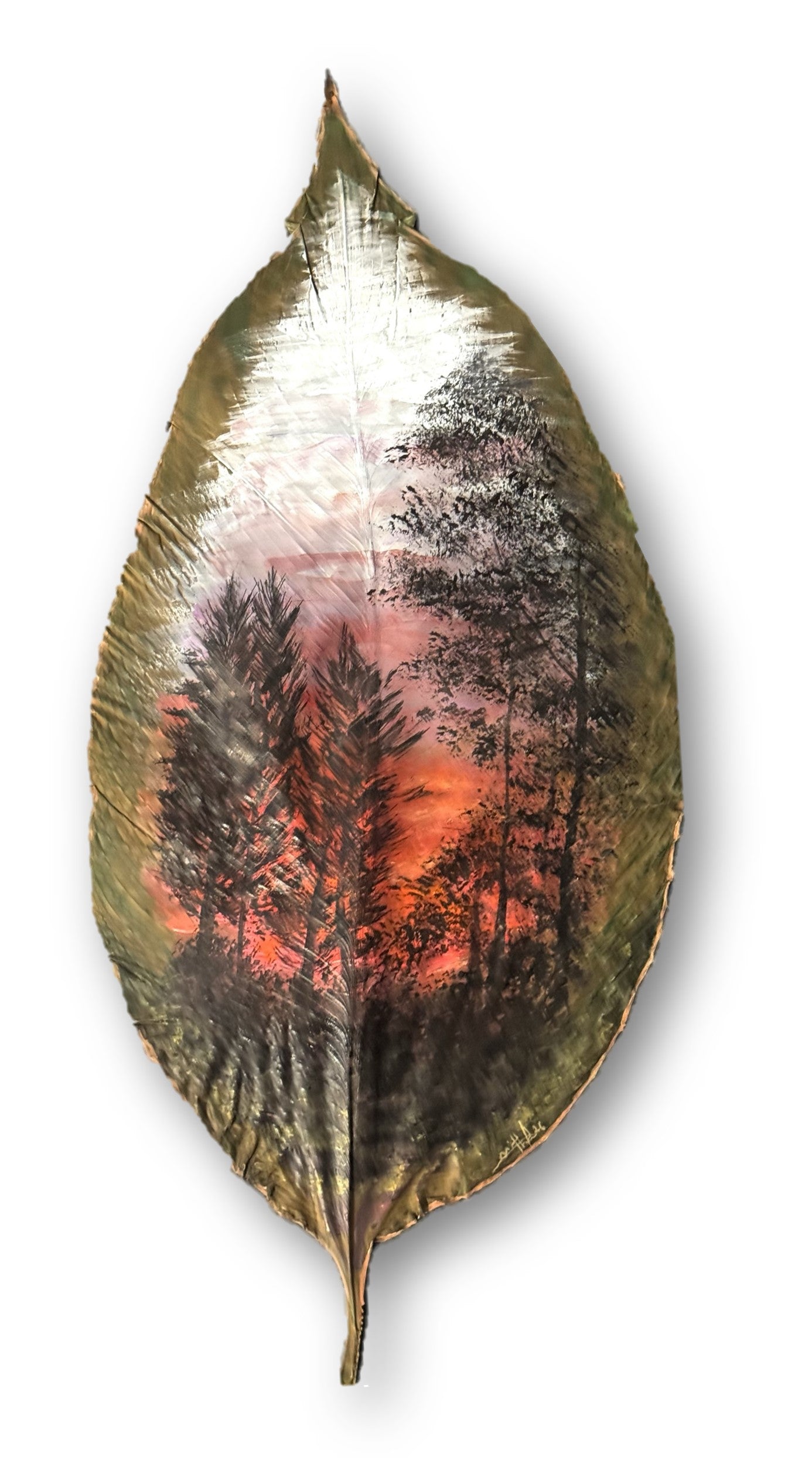 Tree Scape – Sunrise Behind the Trees | Hand Painted Dry Leaf Art