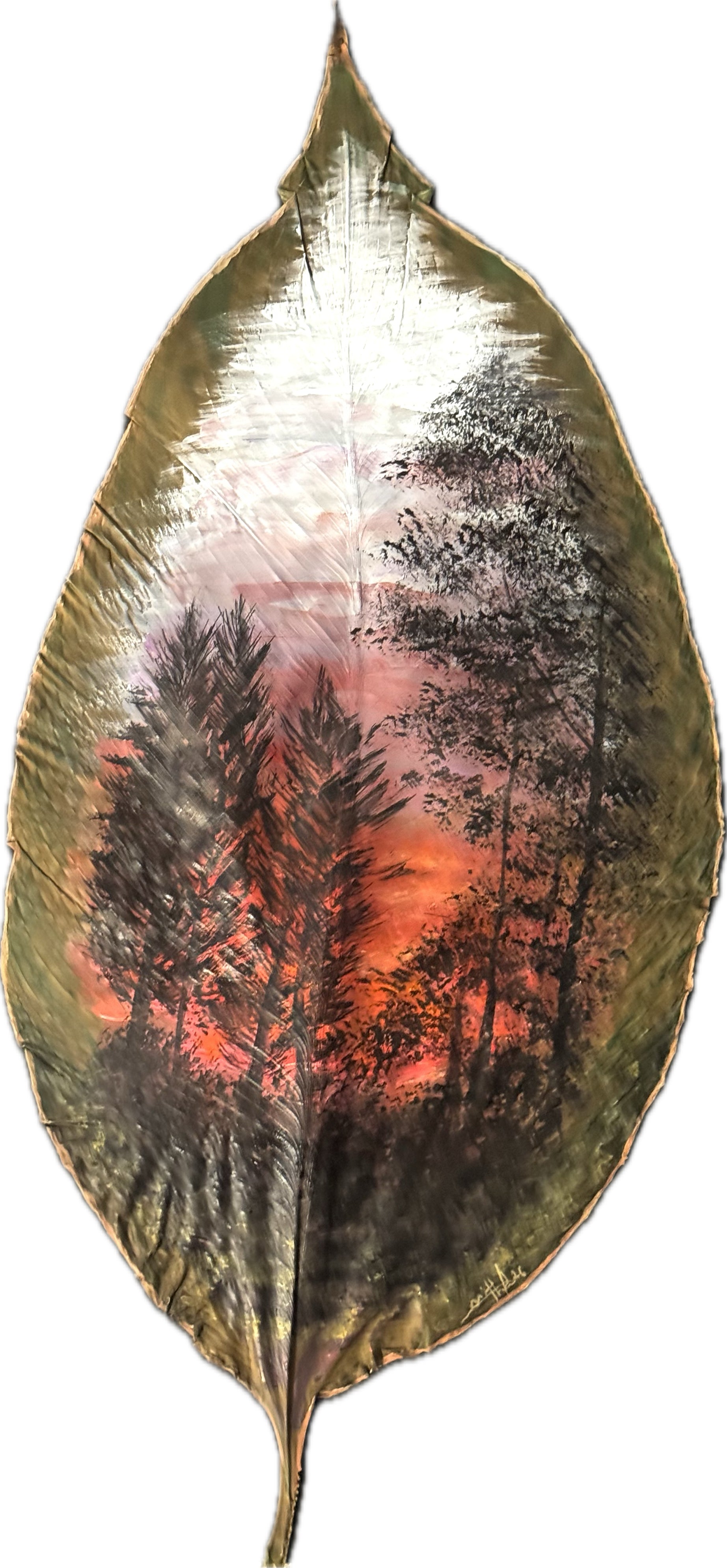 Tree Scape – Sunrise Behind the Trees | Hand Painted Dry Leaf Art