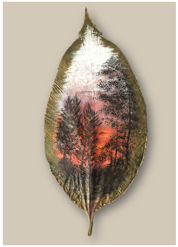 Tree Scape – Sunrise Behind the Trees | Hand Painted Dry Leaf Art